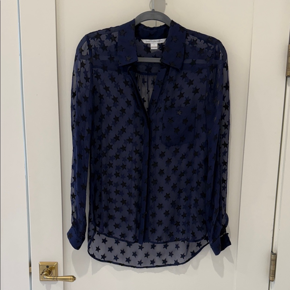 DVF Navy Star Pattern Sheer Blouse